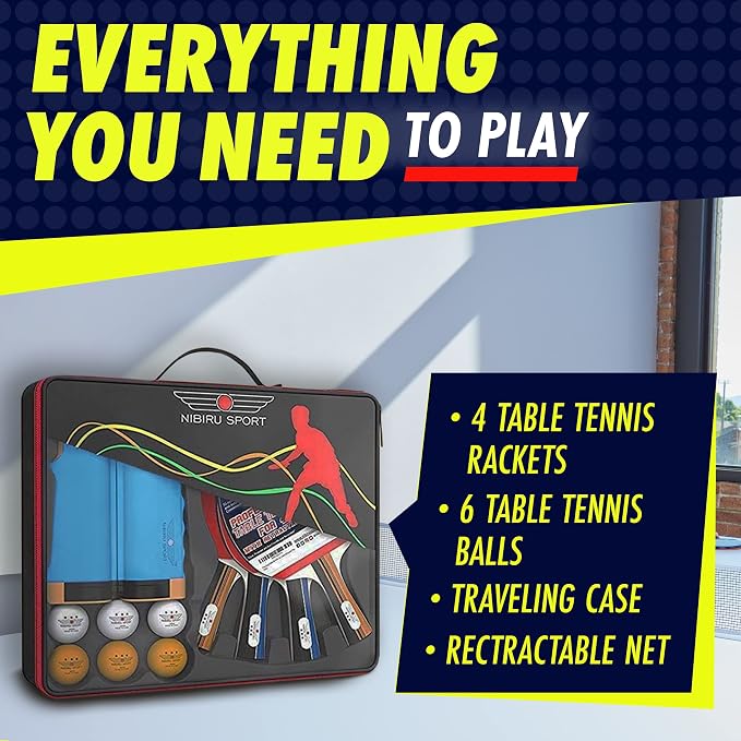 NIBIRU SPORT Professional Ping Pong Paddle Sets - 2 Player or 4 Player Table Tennis Paddles, Retractable Net, Pingpong Balls and Carry Bag Storage Case - Table Tennis Equipment & Ping Pong Accessories