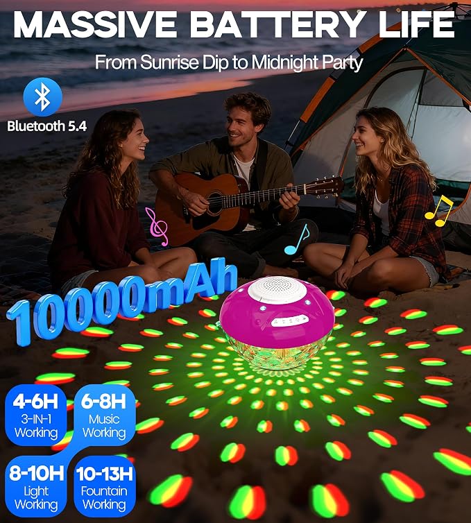 Luxfero 3 in 1 Pool Fountain with Bluetooth Pool Speaker, Floating Pool Fountain with Lights, IP68 Waterproof Hot Tub Speaker Pool Water Fountain Pump, BT5.4, Loud Sound Pool Fountain Speaker-Purple