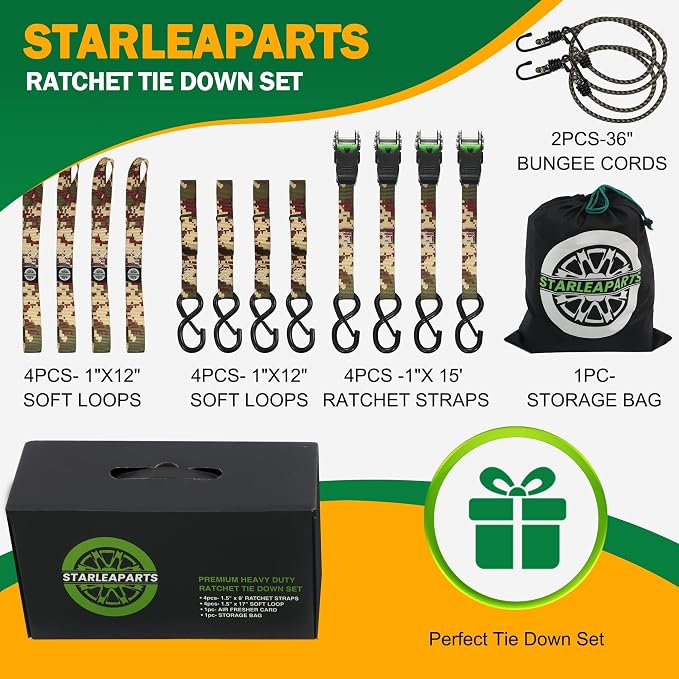 Motorcycle Tie Down Strap (4PK) - 2,100lb Break Strength Ratchet Tie Down Straps Set with 2 Bungee Cord, Soft Loop Ratchet Straps for Moving Appliances, Lawn Equipment, Cargo Straps for Trucks, Camo