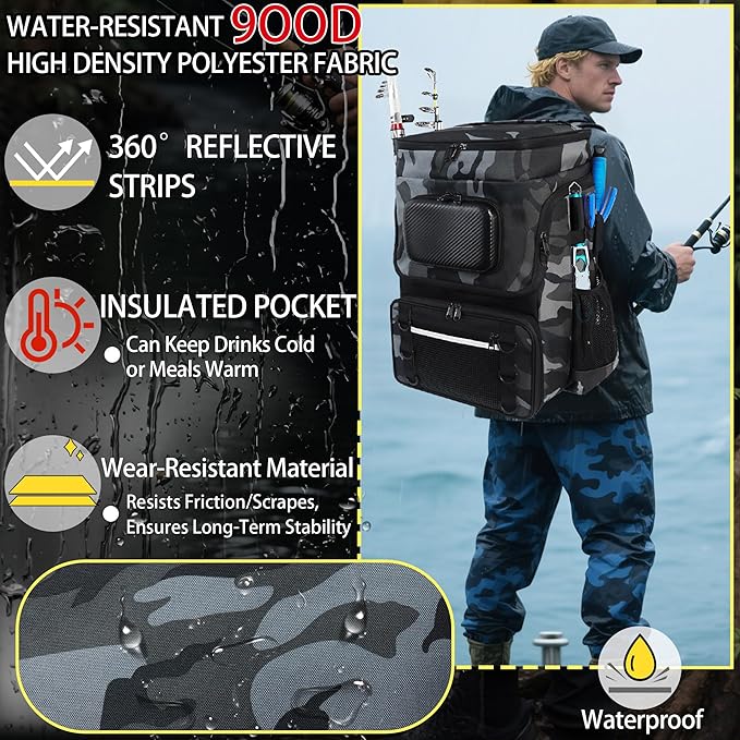 Fishing Backpack with Rod Holder X-Large 60L Tackle Gears Bag with Cooler for Storage Tackle Box and Fishing Accessories Stuff, Fish Gifts for Men Woman-Gray Camo
