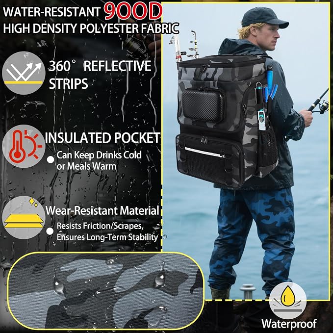 Fishing Backpack with Rod Holder, Large 50L Tackle Bag Water Resistant Tackle Backpack Heavy Duty Fishing Bag Gift for Men Woman