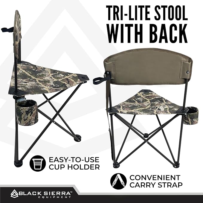 Black Sierra Tri-Lite Folding Stool with Backrest & Cup Holder, Lightweight Portable Hunting Fishing Chair with Carry Strap, Collapsible Outdoor Tripod Seat Supports 225 lbs