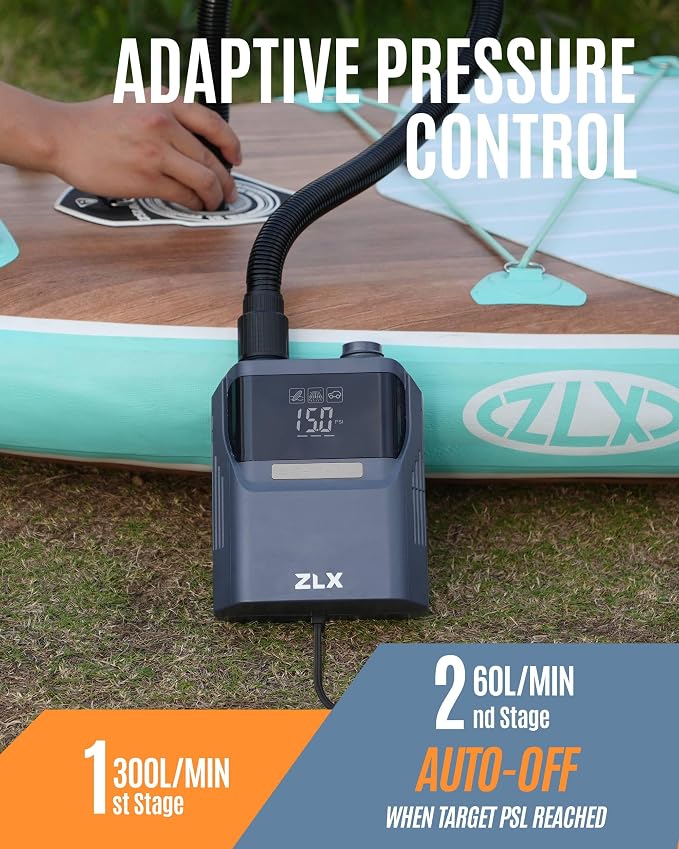 ZLX Paddle Board Pump, 50PSI SUP Pump with 12V DC Car Connector-No Battery, High Pressure Dual Stage Inflation & Deflation Paddle Board Accessories for Inflatables, Kayaks, Boats, Tent, Air Mattresses