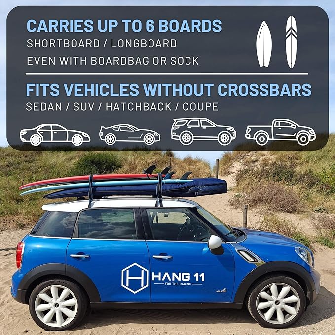 Hang 11 Surfboard Roof Rack - Soft Padded Surfboard Rack for Car, No-Scratch Buckles, Fits Most Vehicles Without Crossbars, Extra-Wide 1.5” Straps, Carries up to 6 Boards (Double / 6 Boards)