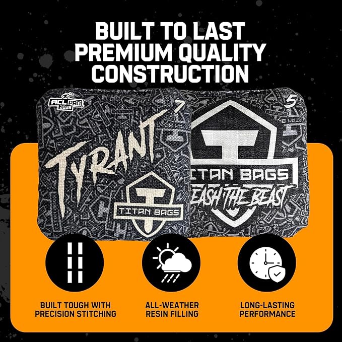 Titan Bags Tyrant Cornhole Bags – Regulation Cornhole Bean Bag with Linen Grip for Strategic Drag Shots, All-Weather Power Grip Pellets for Indoor and Outdoor Tossing