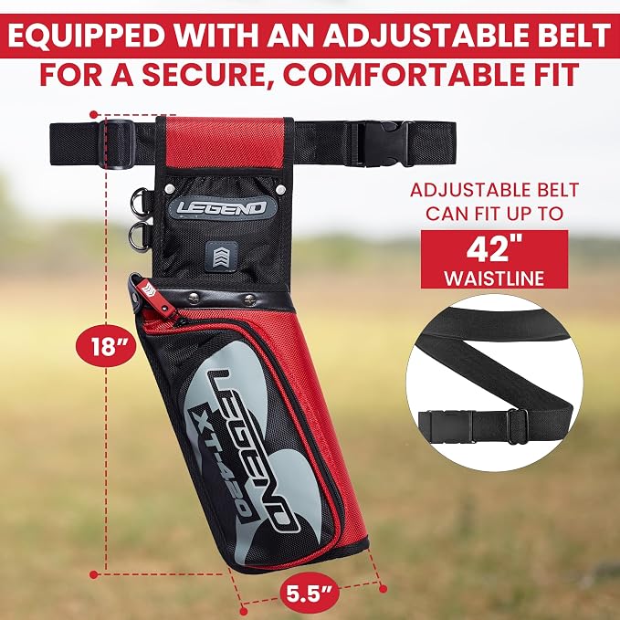Legend XT420 Field Quiver - Left or Right-Handed Quiver Arrow Holder, Archery Quiver with 3 Arrow Tube, Durable Nylon Hip Quivers with Multiple Pockets for Archery Accessories, Score Card & Tools