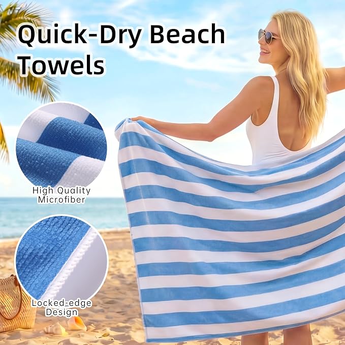 JOYMOOP 6-Pack Microfiber Beach Towel Set – 70" x 35.4" Ultra-Absorbent Beach Towels Oversized, Sand-Free & Portable, Quick-Dry Cabana Stripe Towels with Travel Storage Bags （Mixed Color