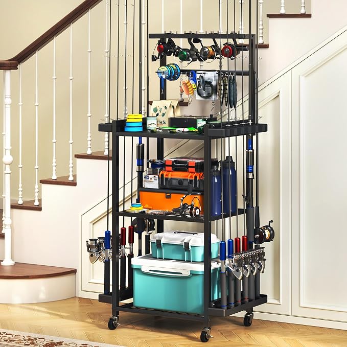 TC-HOMENY 3-Tier Fishing Rod Holder for Garage, Multifunctional Fishing Pole Rack Cart with Wheels Storage up to 12 Rods, Fishing Tackle Gear Organizer Storage rack for Room, Garage, Basement, Black