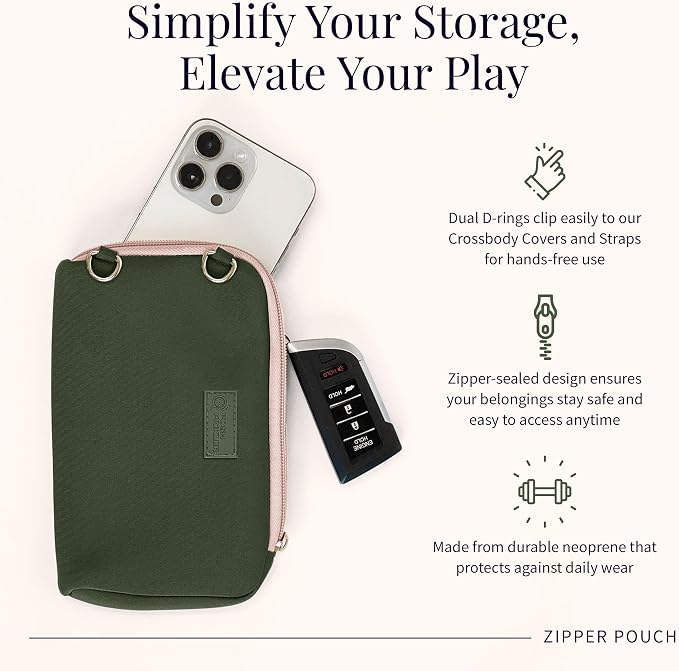 Posh Pickler Clip-On Expandable Neoprene Pouch with Zipper, Weather-Resistant Design, Secure Storage for Keys, Card, Compatible with Crossbody Paddle Cover & Strap, pickleball gifts 7.7" L x 5" W