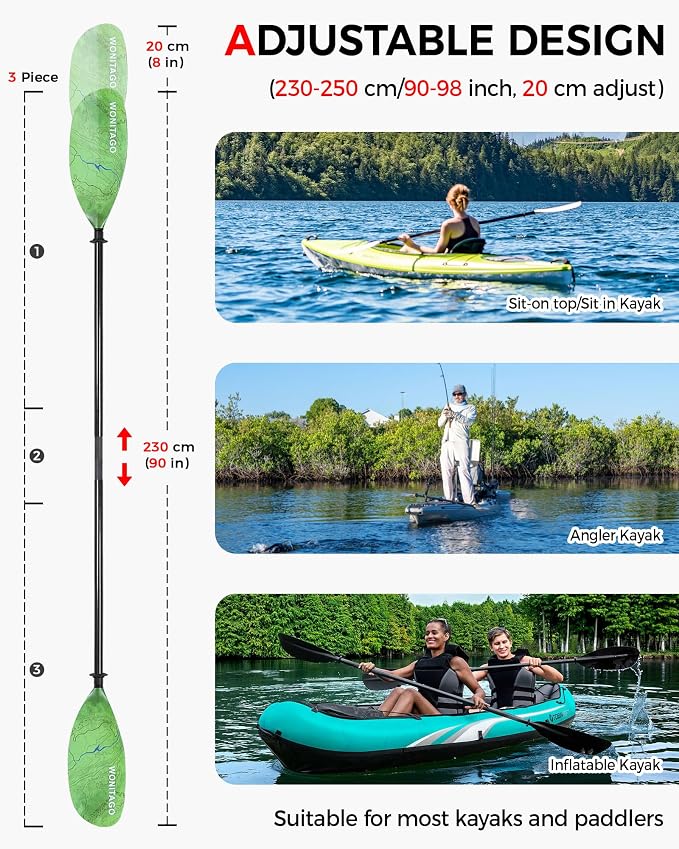 Kayak Paddle Carbon Fiber Shaft and Reinforced Nylon Blade, Adjustable Kayaking Oars, 3 Piece, 230-250 cm/90-98 Inches,210-230 cm/82-90 inches