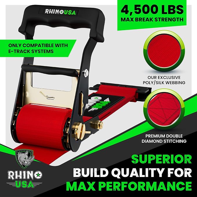 Rhino USA E Track Ratchet Tie Down Straps (4,500lb Break Strength) - Includes (2) Premium 2" x 16' eTrack Tie Downs - Ultimate Heavy Duty eTrack Cargo Strap System for Trailer, Truck, Motorcycle