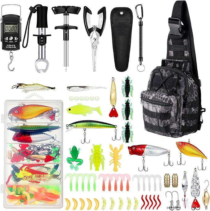 Sosation 134 Pcs Fishing Tool Fishing Tackle Box Kit and Equipment for Adults Beginner Gift, Hook Remover, Pliers Kit, Backpack Tackle Container Lures, Lip Gripper, Weigh Scale