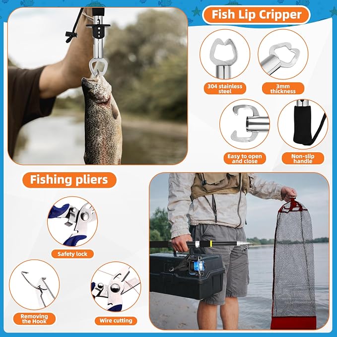 Telescopic Fishing Rod and Reel Combo 2 Pcs Collapsible Fishing Pole Kit with Plier Lip Gripper Lures Carrier Bag Pre-Loaded Spinning Reel for Beginner Men Travel Saltwater Freshwater