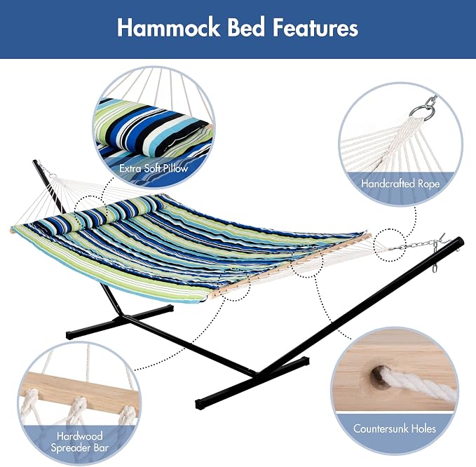 ANOW Heavy Duty Hammock with 12FT Steel Stand Included, Rope Hammock with Detachable Pillow and Pad, 450 LBS Weight Capacity, Green & Blue Stripe
