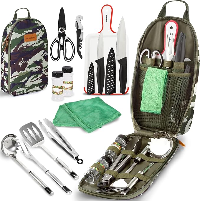 Wealers Camp Kitchen Cooking Utensil Set Travel Organizer Grill Accessories Portable Compact Gear for Backpacking BBQ Camping Hiking Travel Cookware Kit Water Resistant Case