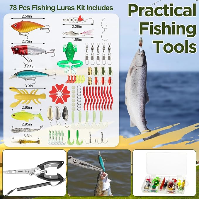 RoundFunny 85 Pcs Fishing Backpack with Tackle Boxes, Tackle Sling Bag with Rod Holder, Fish Lures and Pliers, Fish Tools Gears & Equipment Father's Day Fishing Gift for Dad Men