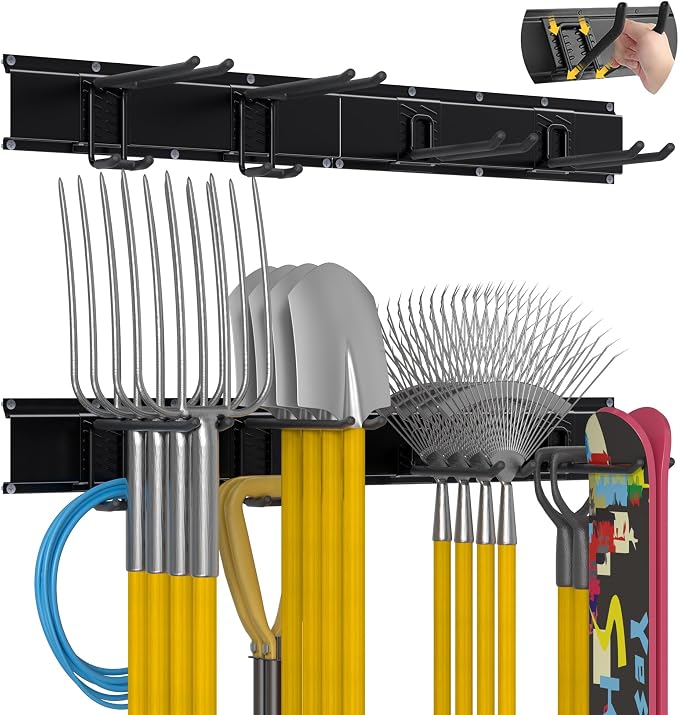 Garage Tool Organizer Wall Mount with 32 inches Rails and Adjustable Heavy-Duty Hooks, Garden Tool Organizer, Carries 300 lbs, Heavy Duty Garage Storage Rack For Yard, Shed, Workshop, Easy to Install