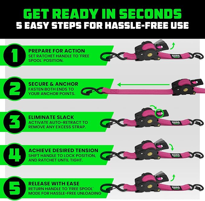 Rhino USA Retractable Ratchet Straps (2-Pack) - 1 Inch x 10 Feet (1,209lb Break Strength) - Auto Self Retracting Tie Down Straps for Truck, Cargo Trailer, Motorcycle, ATV, UTV - Pink