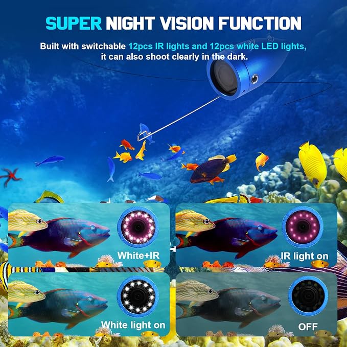 Underwater Fishing Camera 7 inch LCD Monitor Fish Finder Waterproof 1200TVL Fishing Camera 12 White LEDs +12 IR LEDs Infrared Lights for Lake, Boat, Ice Fishing