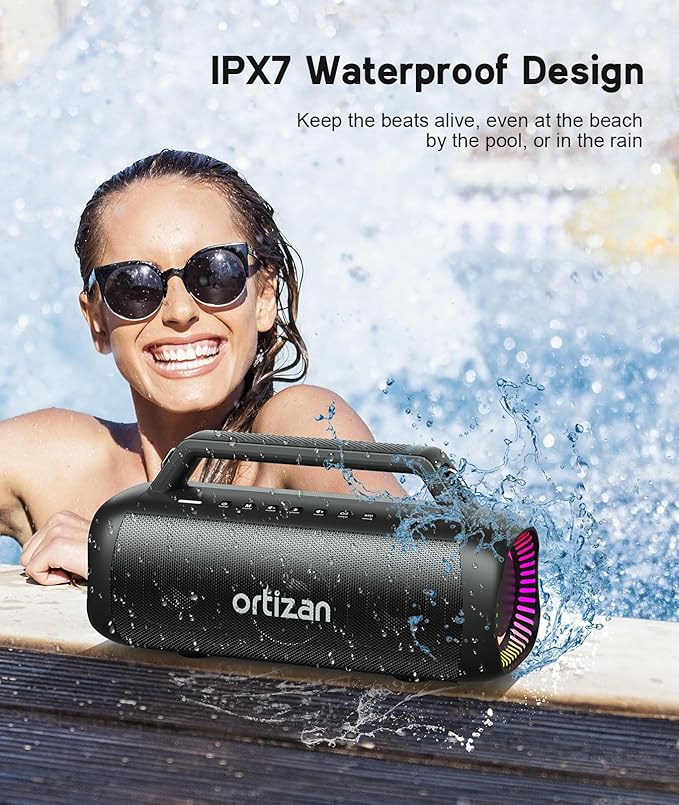 Ortizan 80W Speakers Bluetooth Wireless Loud with Bass, 24H Playtime, IPX7 Waterproof, Bluetooth 5.3, TWS Pairing, Large Outdoor Speaker with Lights, Portable for Garage, Camping and Beach - Black