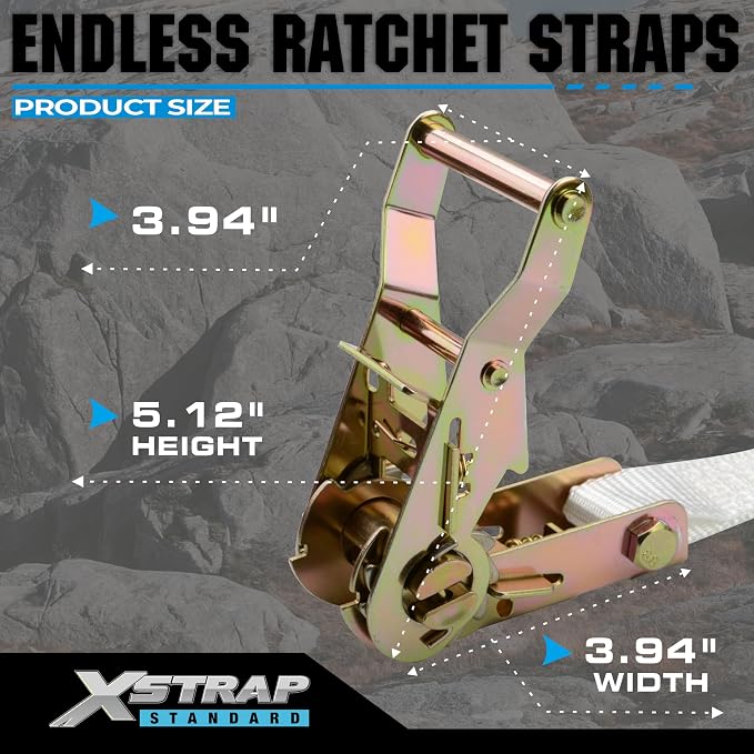 XSTRAP STANDARD 4PK 1" Endless Ratchet Straps - 2500lbs Breaking Strength Heavy Duty White Tent Securing Straps, Track Spring Fittings, 10ft Tie Downs for Tents/Trailers/Kayaks