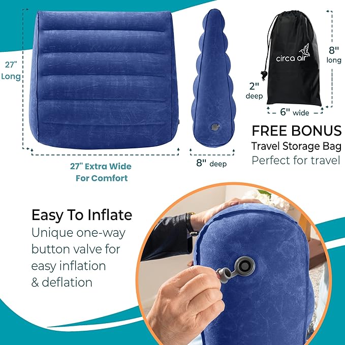 Circa Air Inflatable Triangle Pillow for Travel - Extra Wide 27", "Travel Wedge Pillow with Cover, Elevated for Sleeping, Acid Reflux, Anti Snore, GERD, Leg Elevation