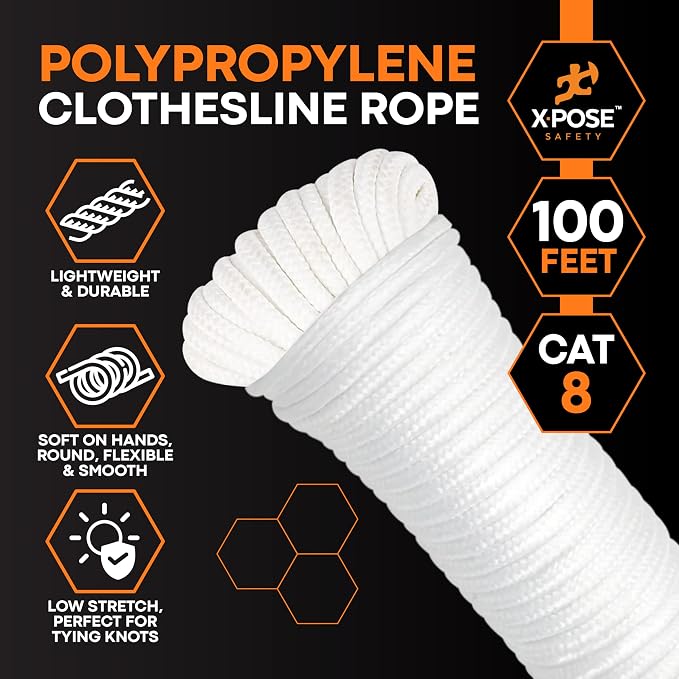 Xpose Safety Diamond Braided Clothesline Rope 8/32" x 100 ft, White Polypropylene Heavy Duty Braided Cord for Clothesline, Camping, Tents, Flagpole, Hoist, Pulley & Outdoor Use, 2 Pack