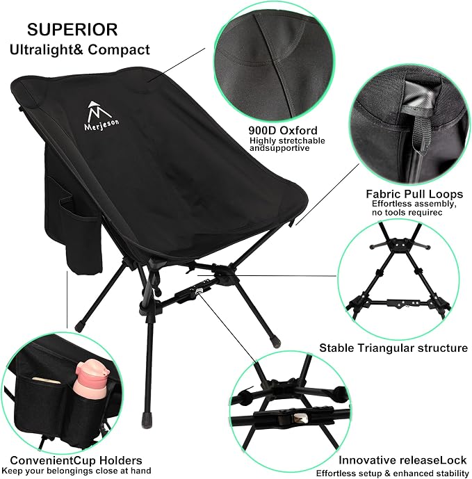 Portable Camping Chair Backpacking Chair, Ultralight Folding Chair-Compact, Lightweight Foldable Chairs for Hiking Mountaineering, Beach, Picnic (Black)