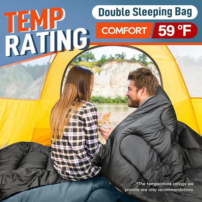 MEREZA Double Sleeping Bag for Adults Mens with Pillow, XL Queen Size Two Person Sleeping Bag for All Season Camping Hiking Backpacking 2 Person Sleeping Bags for Cold Weather & Warm