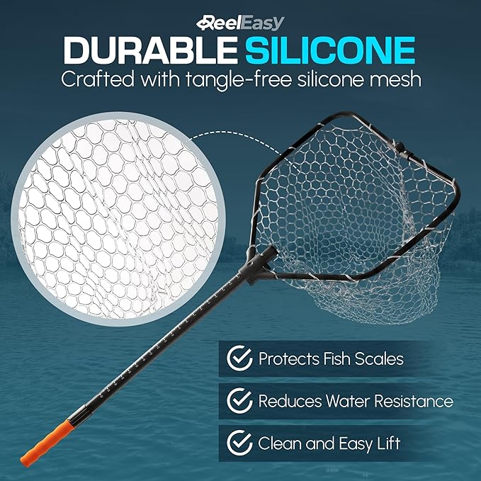Large Fishing Net with Extendable Telescopic Handle – Foldable, Lightweight Landing Net with Built-in Size Measurement – for Freshwater, Saltwater, and Beach Fishing