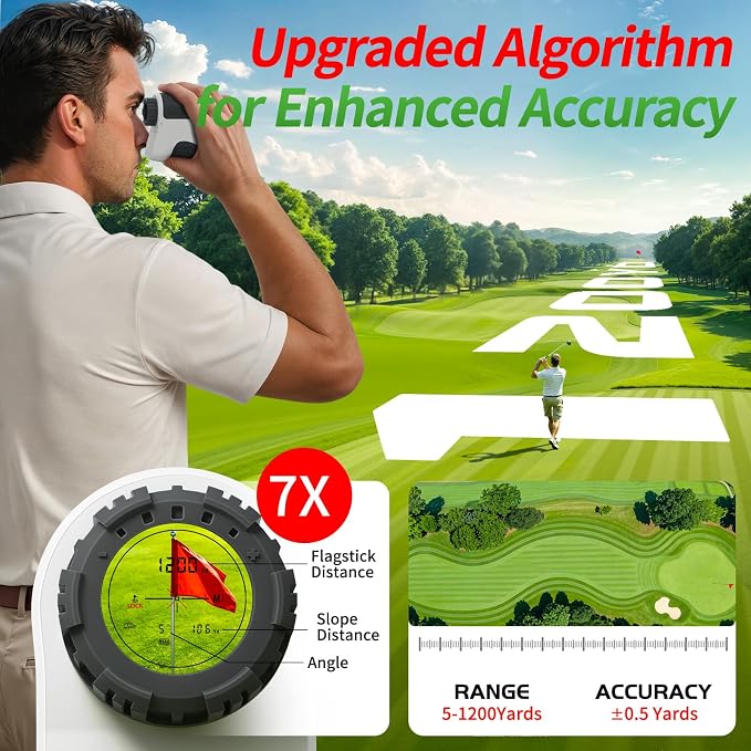 JUANGU Golf Rangefinder with Slope, 1200 Yards, 7X Magnification, 328 Yards Flag Pole Locking, High Precision Fast Focus Golf Distance Finder for Men Golfers Gifts Black&Grey