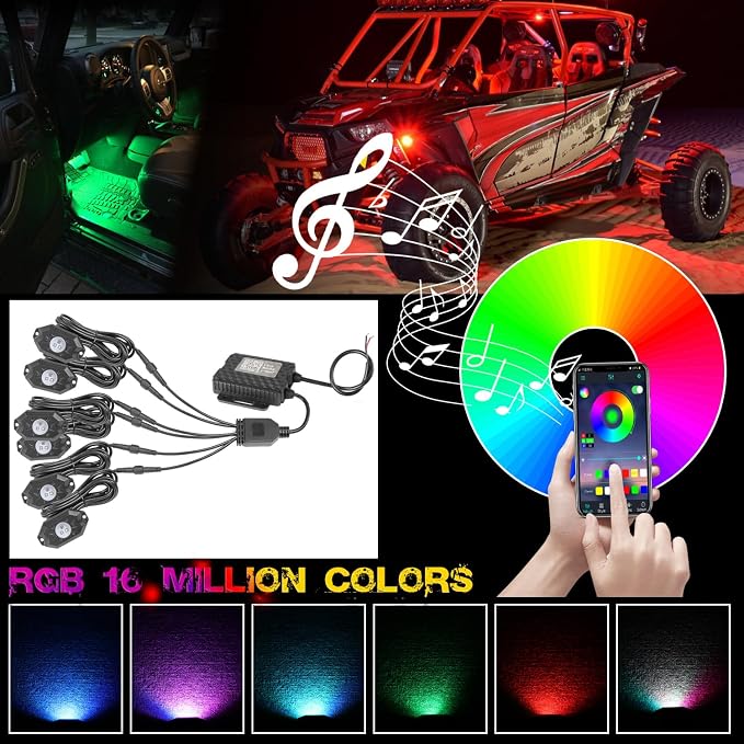 OFFROADTOWN RGB LED Rock Lights with 6 pods Neon Trail Rig Lights Underglow Universal for UTV ATV Polaris Can-Am Yamaha Honda Tundra