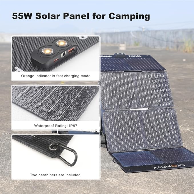 EYONGPV 55W Foldable Solar Panel Charger with Owl-Eye LED, USB-C & USB-A DC Fast Charging, Portable Solar Charger for Camping, Hiking, RV, Outdoor, Compatible with iPhone, iPad, Samsung Galaxy, GPS