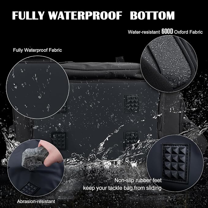 Goture Fishing Tackle Bag, Store Up to 4PCS 3700 Plus 2PCS 3600 Tackle Trays(Not Included), 600D Soft Side Gear Fishing Bag with Rod Straps,Detachable Water Bottle Pouch,Waterproof Bottom,SBS Zippers