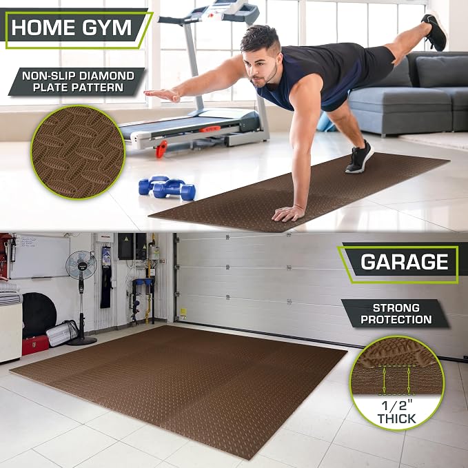 ProsourceFit Exercise Puzzle Mat 1/2-inch, EVA Interlocking Foam Floor Tiles for Home Gym, Workout Equipment, Kids Play Areas, Brown, 48 Sq Ft - 12 Tiles