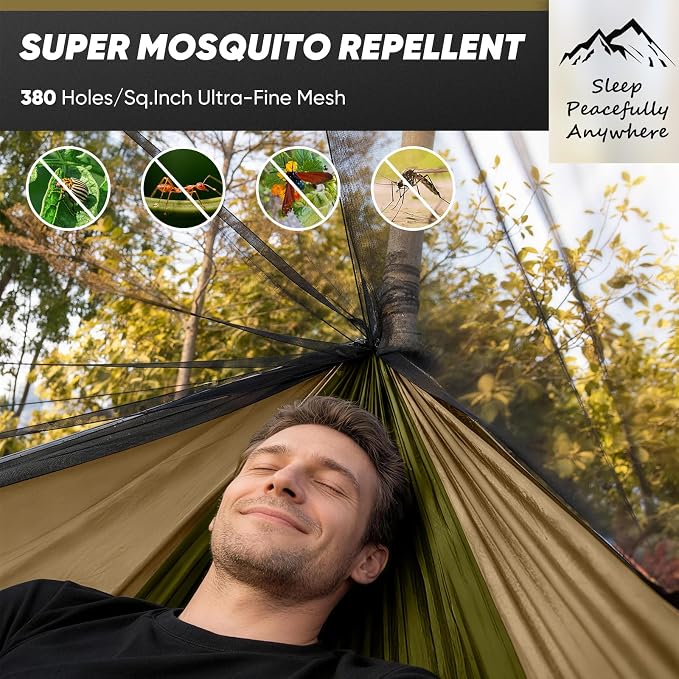 Camping Hammock with Mosquito Net, 500 lbs Portable Hammock with Tree Straps, 2-in-1 Double/Single Travel Hammock Tent for Outside/Indoor/Backpacking/Beach - Green & Khaki