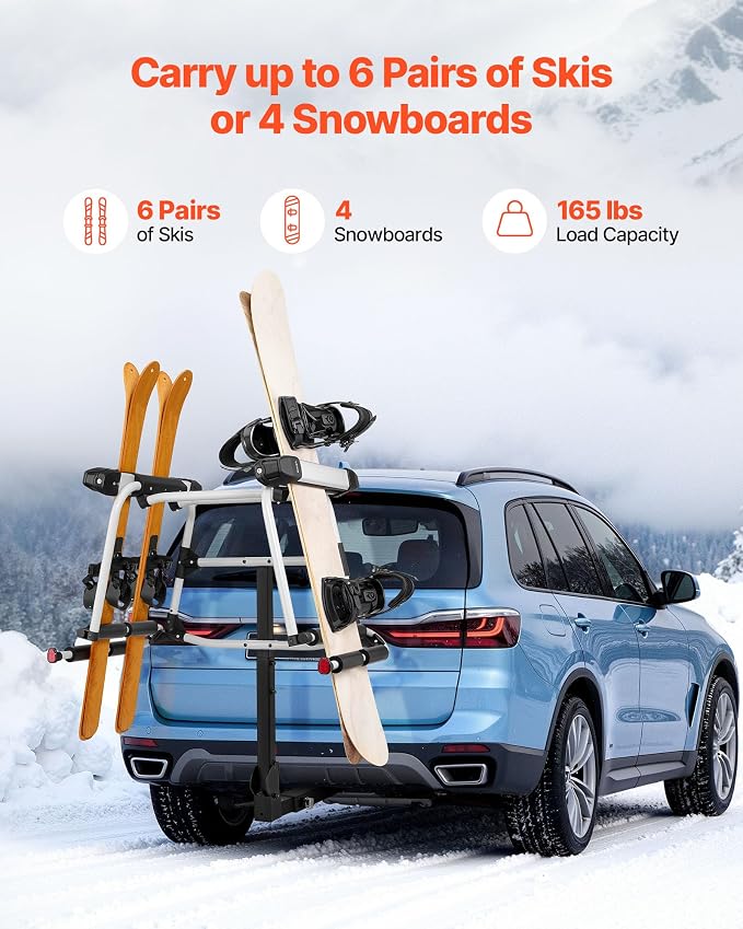 VEVOR Hitch Mounted Ski & Snowboard Rack, Fits 2-Inch Receiver, Carries up to 6 Pairs of Skis or 4 Snowboards, Hitch-Mounted Rack for Car with Key Lock, Security Strap, Tilt Access, Rubber Padding