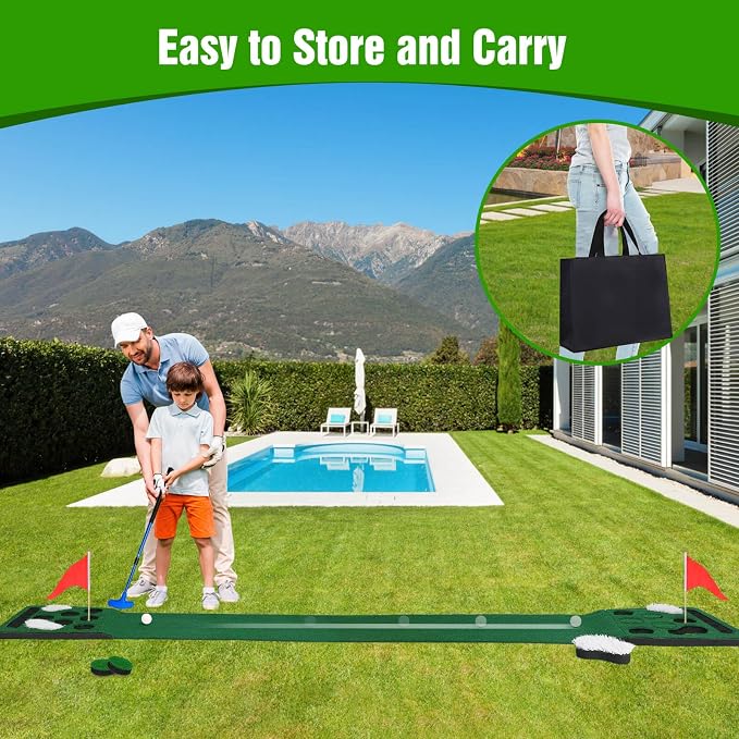 Golf Putting Game Set, Detachable Golf Putting Green Mat with 4 Balls, 2 Cups & Flags, 1 Portable Bag for Indoor & Outdoor Party Game Use
