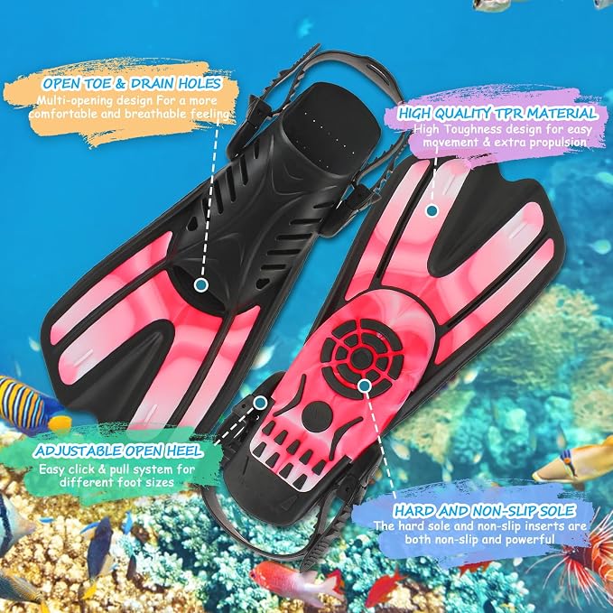 Snorkeling Gear for Kids, 4 in 1 Child Mask Fins Snorkel Set with Panoramic View Anti Fog Mask, Dry Top Snorkel, Trek Fins and Travel Bag, Kids Snorkeling Set with Fins for Snorkeling Swimming