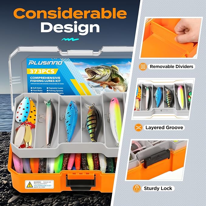 PLUSINNO Fishing Lures Tackle Box Gear Kit with Tackle Included, 373 PCS | Waterproof, Compact & Customizable, for Bass Trout, Freshwater Topwater, 16 Rigs, Fishing Gifts for Men Starter