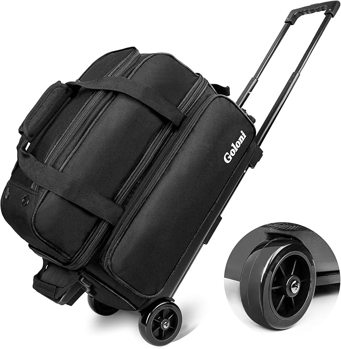 Goloni Double Roller 2 Ball Bowling Bag with Separate Shoe Compartment,2 Ball Bowling Bag with Wheels,Retractable Handle Extends to 40"