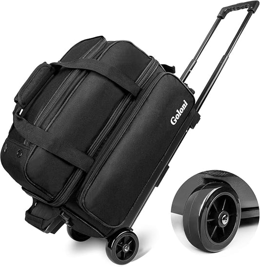Goloni Double Roller 2 Ball Bowling Bag with Separate Shoe Compartment,2 Ball Bowling Bag with Wheels,Retractable Handle Extends to 40"