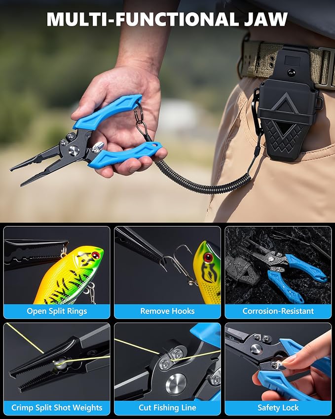 Fishing Tool Kit, Fishing Gear and Gifts for Men | Fishing Plier with Sheath, Fillet Knife, Fishing Scissors, Fish Lip Gripper, Tool Retractor, Keychain Bottle Opener