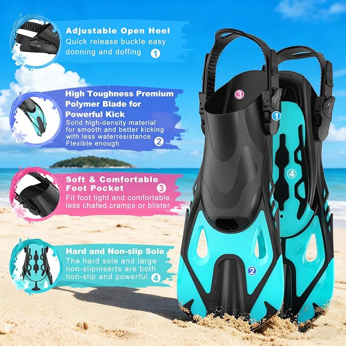 Snorkeling Gear for Adults, Mask Fin Snorkel Set, Dry Top Snorkel Mask, Panoramic View Anti-Leak Anti-Fog 3 in 1 Snorkeling Kit Travel Diving Package with Storage Bag
