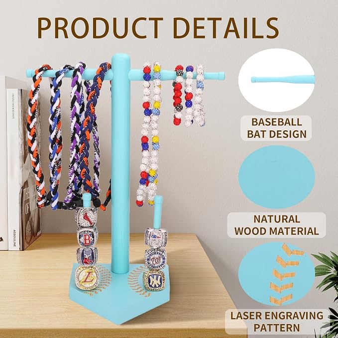 Baseball Ring Display Holder for Championship Rings & Necklaces, Wooden Sports Jewelry Organizer with Bat Stand for Baseball Softball Players, Athlete Gift Display Case for Rings Bracelets Medals,blue