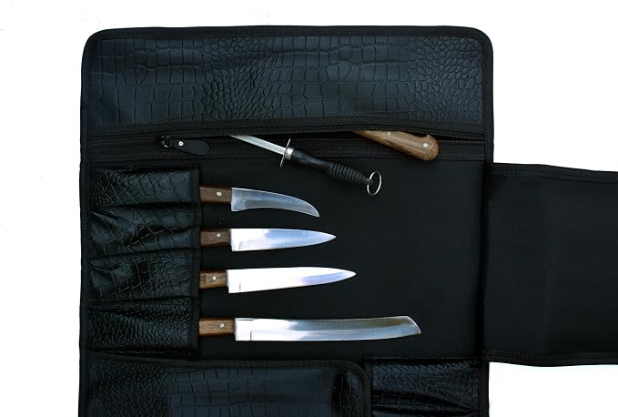 EVERPRIDE Gorgeous Leather Croc Pattern Premium Leather Chef Knife Roll Bag. Professional Grade Lovely Gift for Chefs Hunting Knives and Home Storage