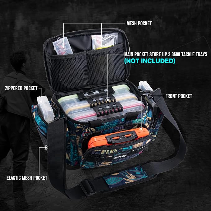 Goture Fishing Tackle Bag, 600D Water-Resistant Soft Side Crossbody Sling Bag for Men & Women,Small Gear Storage Tactical Bags for Saltwater & Freshwater,Fits 3 3600 Tackle Boxes(Not Included)