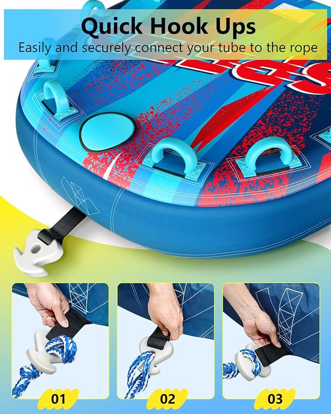 2025 Upgrade Towable Tubes for Boating 1-3 Riders Inflatable Water Sport Towable Tube for Boat Heavy Duty Nylon Cover with Zipper Bolster Fins Safety Air Valve Padded Handle