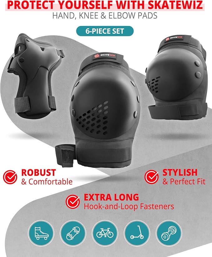 SKATEWIZ Skateboard Pads Protective Gear Set for Kids and Adults - Smash - Roller Skate Pads [6pc] with Wrist Guards - Skating Protective Gear - Roller Derby