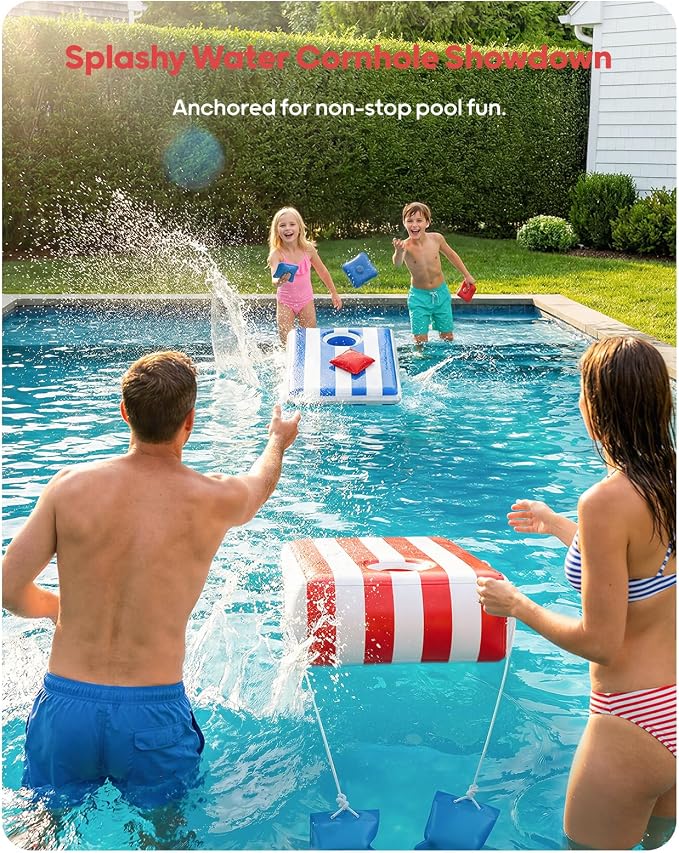 QPAU Inflatable Floating Cornhole Boards with 8 Water Bags, 3x2ft Corn Hole Games for Adults & Kids (Age 6+), Portable Cornhole Set for Swimming Pool, Pool Toss Game for Lake, Beach (with Hand Pump)